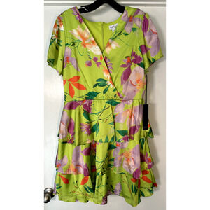 Nicole Miller Satin Neon Green Floral Tiered Ruffle Dress Womens Size M NEW